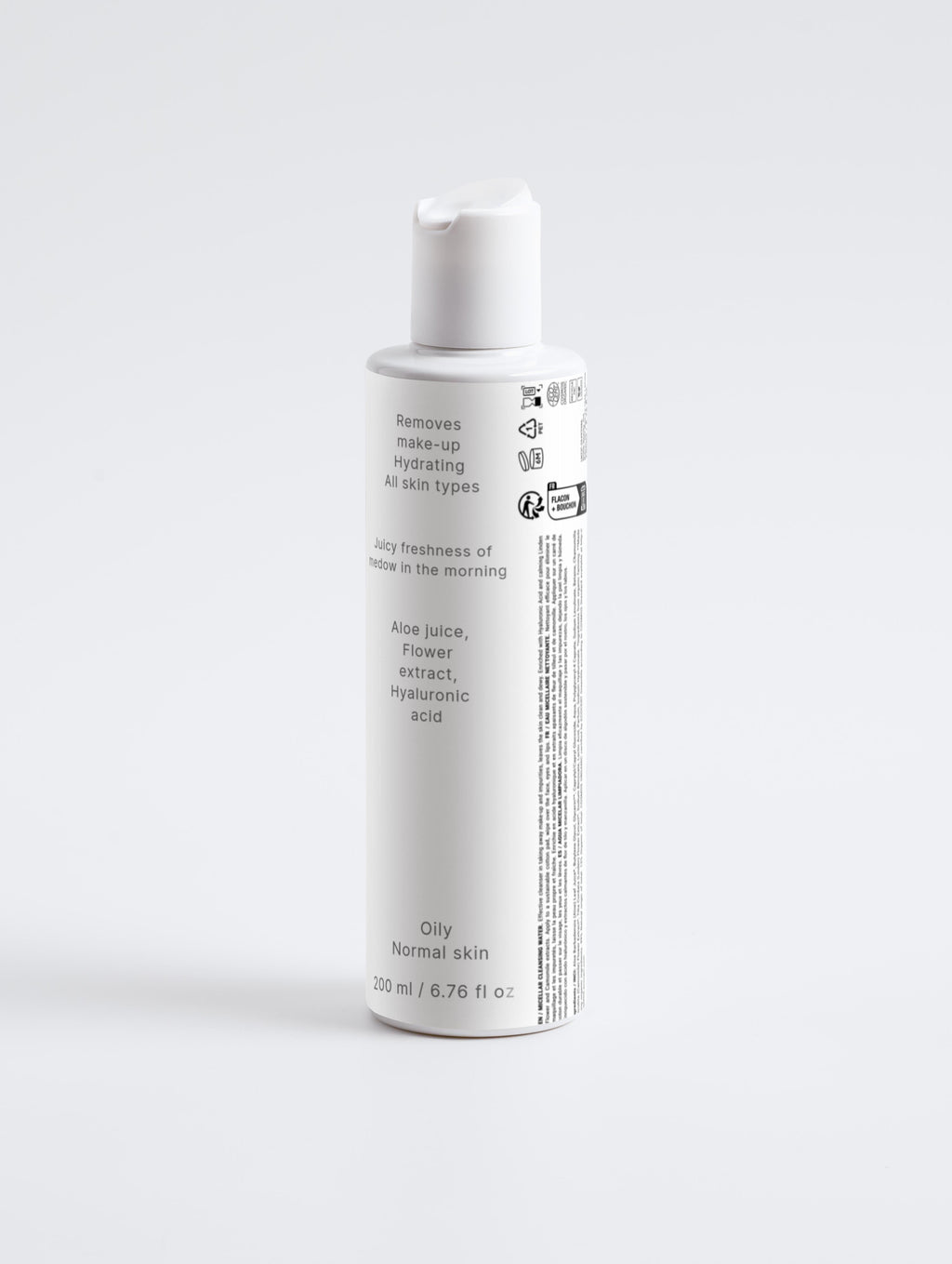 Bottle of Rise Glow Micellar Cleansing Water with Hyaluronic Acid and flower extracts for gentle makeup removal and hydration